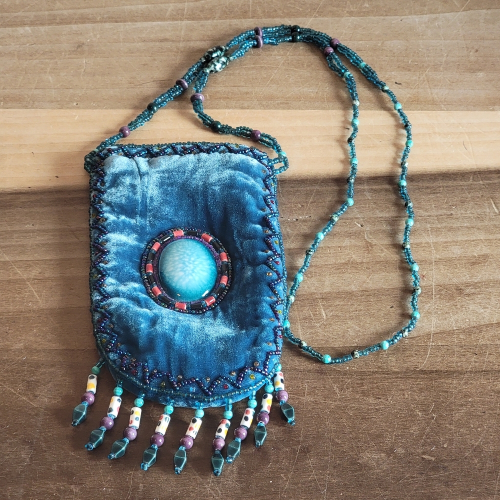 Bright Blue Crushed Velvet Stone and Seed Bead Purse Eyeglass Case 100% …